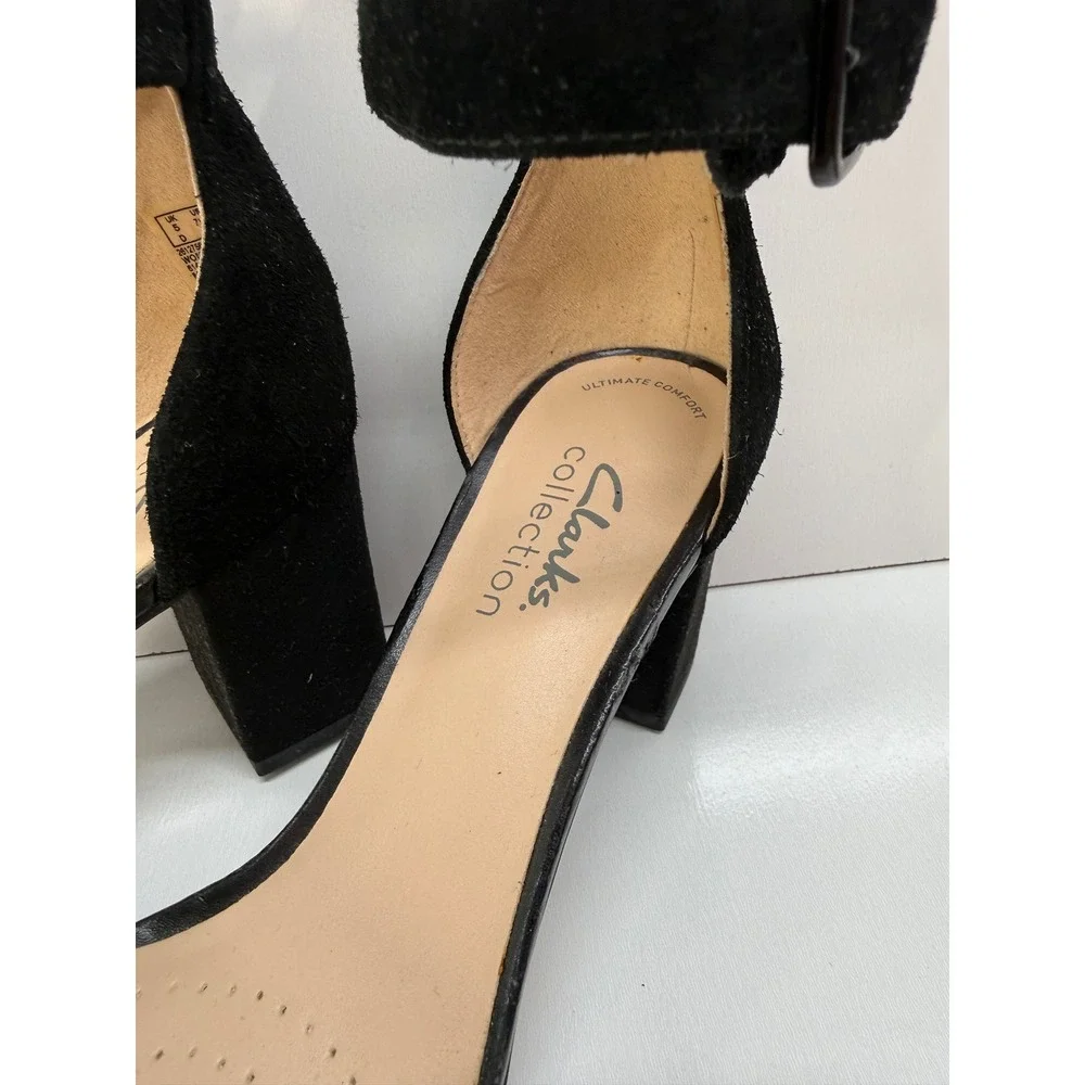 Clarks Collection Deva Mae Black Suede Block Heel Ankle Strap Sandals 7.5 M